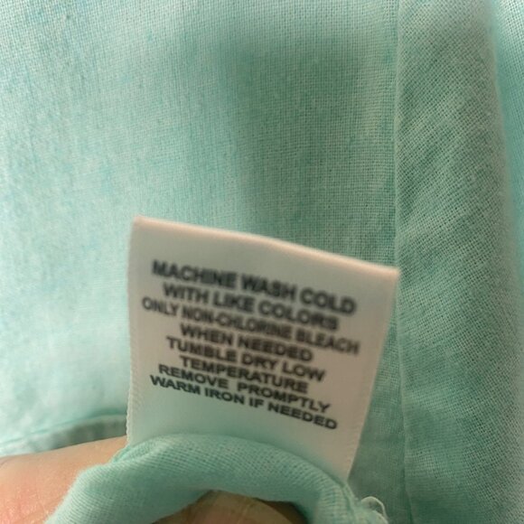 Emily Daniels Linen Blend Top Womens Size M Aqua Blue Roll Tab Sleeves Coastal B - Picture 8 of 13